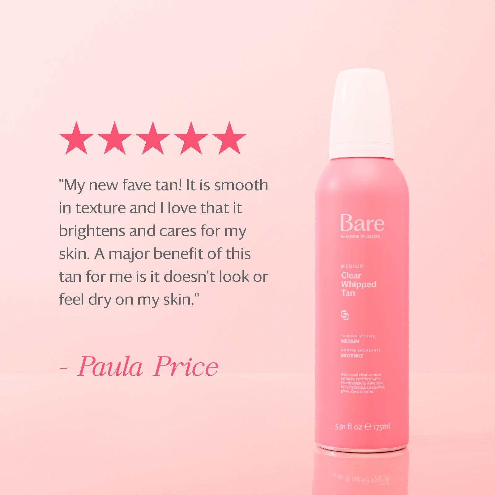 Paula Price - "My new fave tan! It is smooth in texture and I love that it brightens and cares for my skin. A major benefit of this tan for me is it doesn't look or feel dry on my skin."